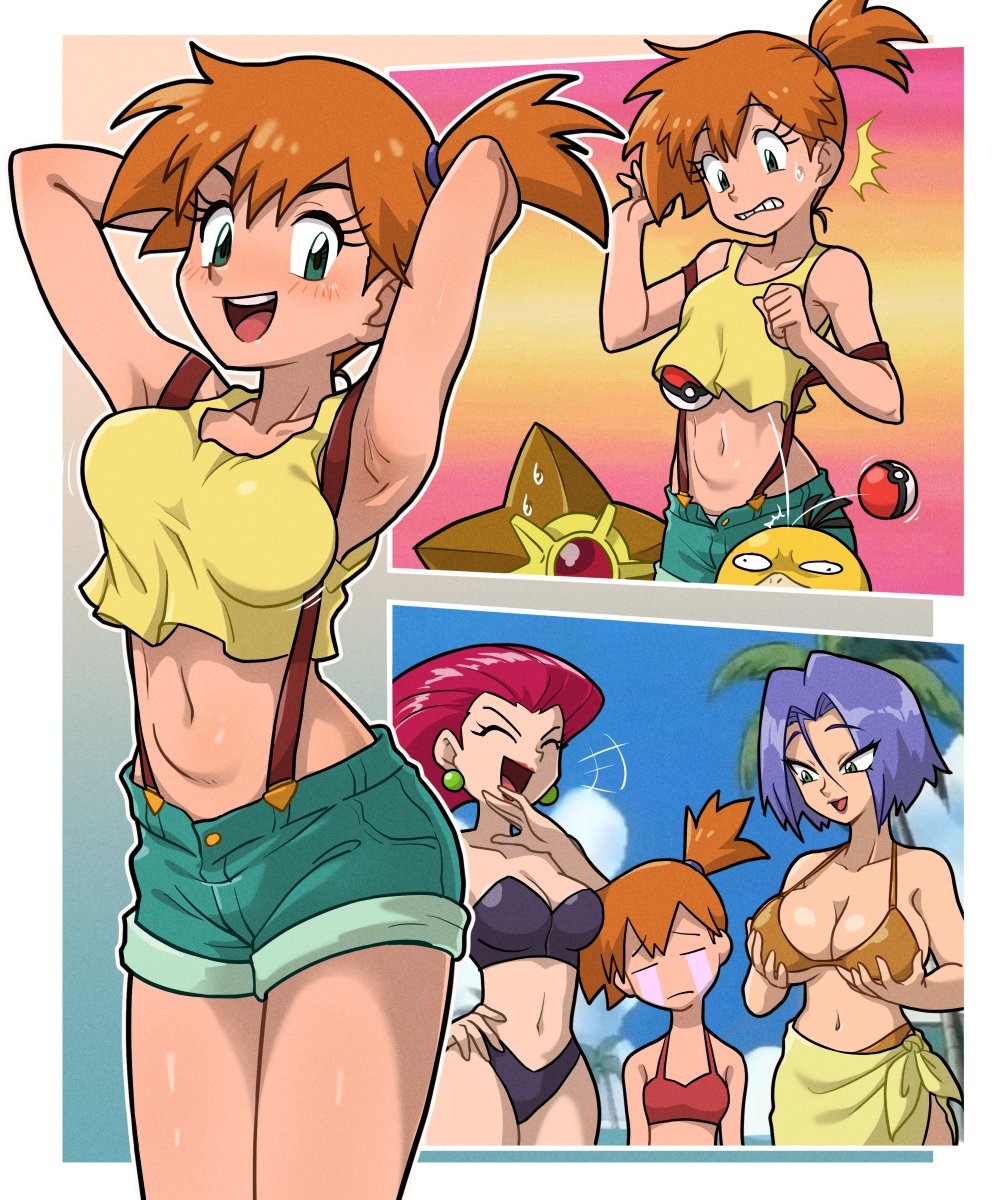 3girls :d armpits arms_up bare_shoulders bikini black_bikini blush breast_padding breasts centinel303 cleavage collarbone day genderswap genderswap_(mtf) grabbing_own_breast green_eyes green_shorts highres james_(pokemon) jessie_(pokemon) large_breasts laughing looking_at_viewer misty_(pokemon) multiple_girls navel open_clothes open_mouth open_shorts orange_hair outdoors palm_tree poke_ball pokemon pokemon_(creature) psyduck purple_hair red_bikini red_hair short_hair shorts side_ponytail small_breasts smile staryu swimsuit teeth tree upper_teeth_only