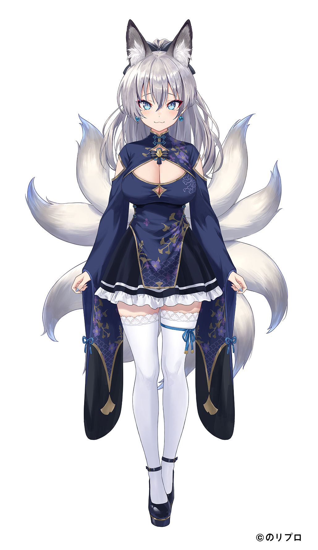 1girl :3 animal_ear_fluff animal_ears black_footwear black_skirt blue_bow blue_dress blue_eyes blue_nails blue_ribbon bow breasts china_dress chinese_clothes cleavage cleavage_cutout clothing_cutout copyright_name dress earrings extra_ears facial_mark floral_print fox_ears fox_girl fox_tail frilled_skirt frills full_body grey_hair guchico hair_between_eyes hair_bow highres inari_iroha jewelry long_hair looking_at_viewer mary_janes medium_breasts miniskirt multiple_tails noripro official_art ponytail red_eyeliner ribbon shoes simple_background skirt smile solo standing tachi-e tail thighhighs virtual_youtuber white_background white_thighhighs wide_sleeves zettai_ryouiki