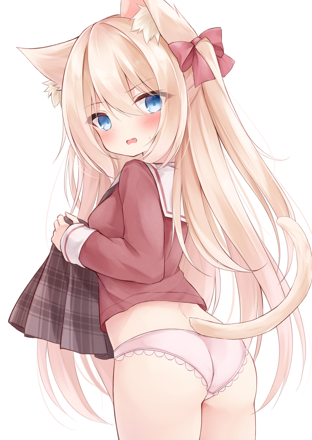 1girl animal_ear_fluff animal_ears ass blonde_hair blue_eyes blush bow brown_skirt cat_ears cat_girl cat_tail commentary_request cowboy_shot cropped_shirt fang from_behind hair_between_eyes hair_bow highres long_hair long_sleeves looking_back mochizuki_riku original panties parted_lips pink_panties plaid plaid_skirt red_bow red_shirt sailor_collar shirt skirt skirt_removed solo tail underwear very_long_hair white_sailor_collar
