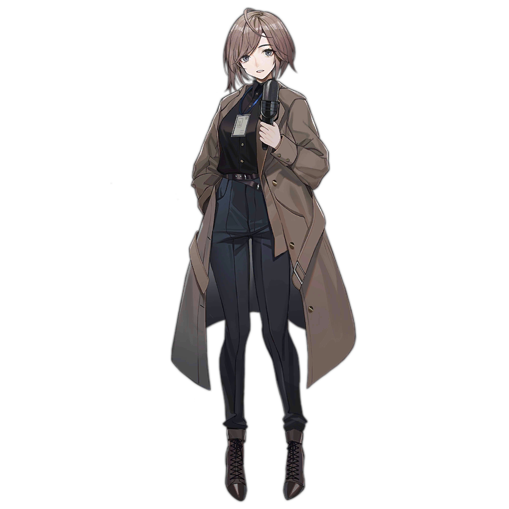1girl artist_request belt black_shirt blue_eyes blue_pants boots breasts brown_coat brown_footwear brown_hair buttons coat cross-laced_footwear full_body girls'_frontline hand_in_pocket holding holding_microphone id_card jacket lace-up_boots lanyard long_sleeves looking_at_viewer medium_breasts medium_hair microphone official_alternate_costume official_art open_clothes open_coat pants parted_lips reporter shadowless_(girls'_frontline) shirt short_hair simple_background solo standing transparent_background