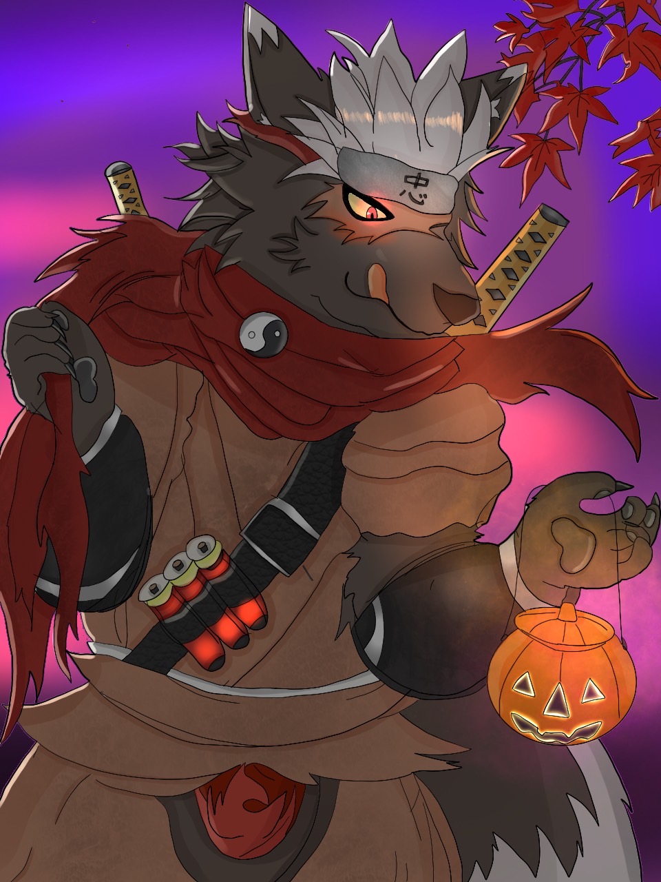 anthro black_body black_fur canid canine canis domestic_dog fur hair halloween hi_res holidays jack-o'-lantern katana licking licking_lips lifewonders male mammal melee_weapon ninja red_eyes reikimei scar scarf solo sword tadatomo tokyo_afterschool_summoners tongue tongue_out warrior weapon white_hair yellow_sclera