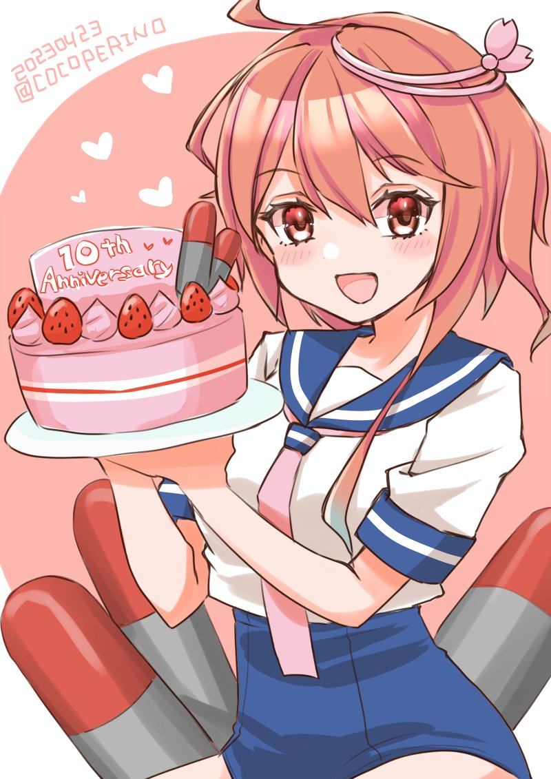 1girl ahoge anniversary blue_one-piece_swimsuit blue_sailor_collar cake cocoperino cowboy_shot food fruit holding i-58_(kancolle) kantai_collection neckerchief one-hour_drawing_challenge one-piece_swimsuit pink_hair pink_neckerchief plate red_eyes sailor_collar sailor_shirt school_swimsuit school_uniform serafuku shirt short_hair smile solo strawberry swimsuit swimsuit_under_clothes torpedo white_shirt