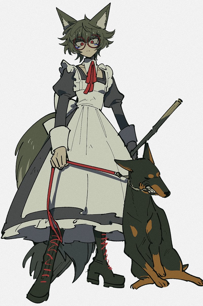 1boy alternate_costume animal_ears apron black_dress boots closed_mouth commentary_request cross-laced_footwear crossdressing doberman dress enmaided facial_mark frown full_body glasses green_hair grey_background highres holding holding_leash juliet_sleeves karabako kemonomimi_mode lace-up_boots leash long_sleeves looking_at_viewer maid maid_apron male_focus male_maid master_detective_archives:_rain_code neck_ribbon puffy_sleeves red-framed_eyewear red_eyes red_ribbon ribbon round_eyewear short_hair simple_background solo tail white_apron zilch_alexander
