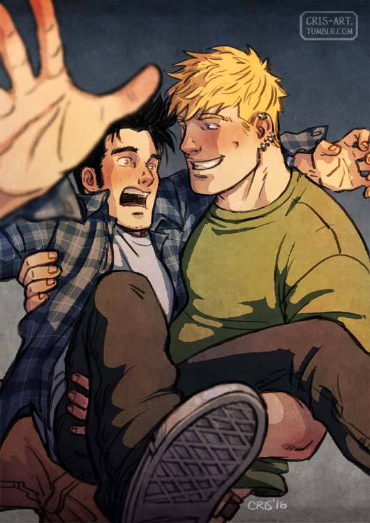 2boys alternate_costume bad_id bad_tumblr_id bara black_hair blonde_hair brown_pants carrying collared_shirt couple cris_art ear_piercing feet_out_of_frame foreshortening from_above green_shirt grin hulkling long_sideburns male_focus marvel multiple_boys outstretched_arms pants pectorals piercing princess_carry shirt shoes short_hair sideburns smile sparse_stubble spread_arms surprised thick_eyebrows toned toned_male wiccan wide-eyed yaoi