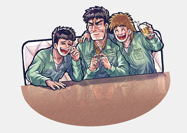 3boys :d alcohol arm_around_shoulder asai_junichi beer black_hair blonde_hair closed_eyes closed_mouth commentary_request construction_worker cup drunk employee_uniform green_jumpsuit grey_background holding holding_cup jumpsuit katatsumuri_(kataaaaaaaaa) kurosawa_(saikyou_densetsu_kurosawa) laughing male_focus multiple_boys open_mouth saikyou_densetsu_kurosawa sakaguchi_yoshiaki shirt short_bangs short_hair simple_background smile teeth uniform upper_body upper_teeth_only wavy_mouth white_shirt yellow_shirt