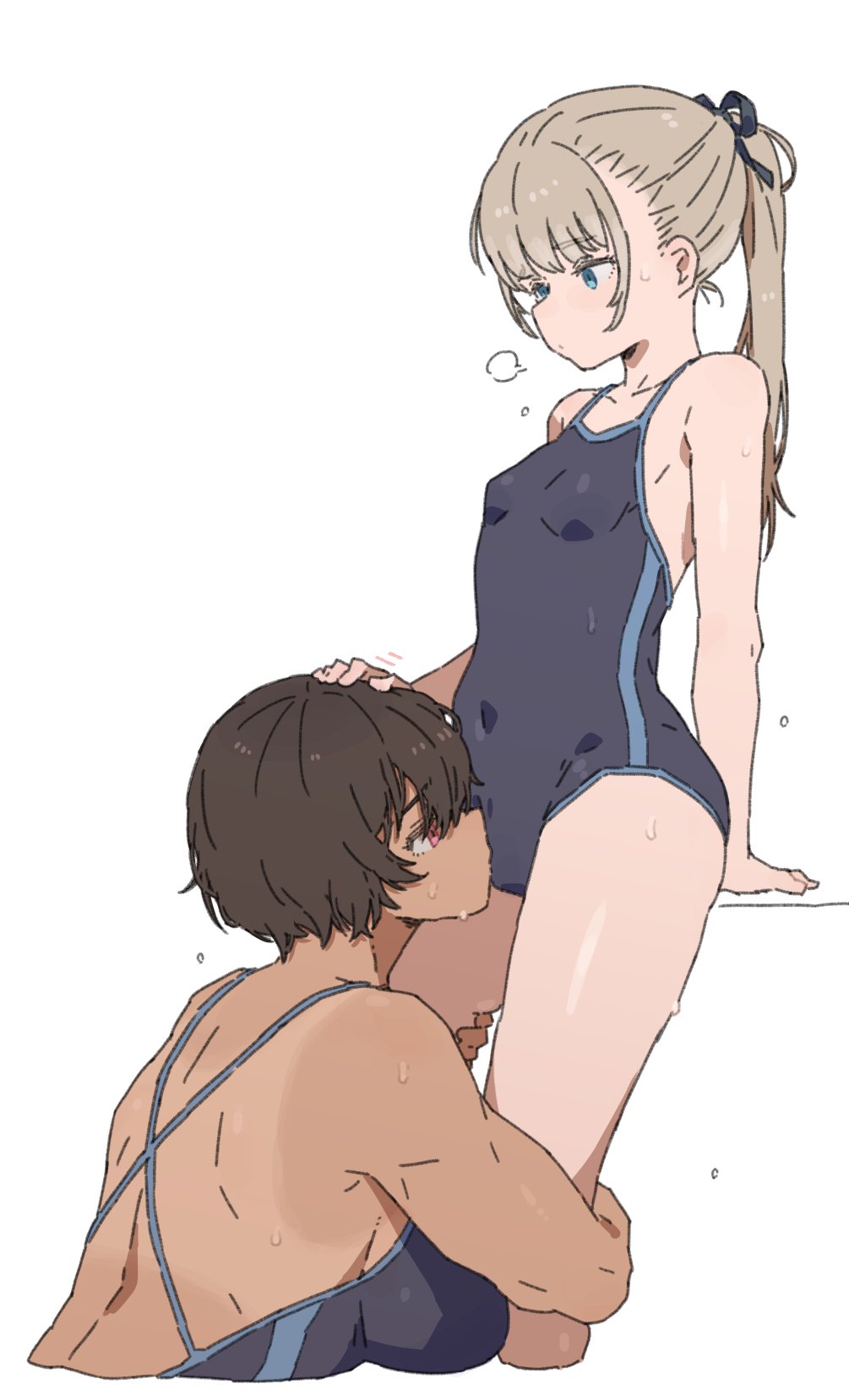 2girls blonde_hair blue_eyes blue_one-piece_swimsuit bow breasts brown_hair commentary_request cunnilingus cunnilingus_through_clothes dark-skinned_female dark_skin hair_bow hand_on_another's_head hand_on_another's_leg height_difference high_ponytail highres kei_(m_k) large_breasts m_k multiple_girls muscular muscular_female one-piece_swimsuit oral original ponytail red_eyes rika_(m_k) school_swimsuit short_hair simple_background size_difference small_breasts sweat sweatdrop swimsuit tall_female tan tanlines white_background yuri