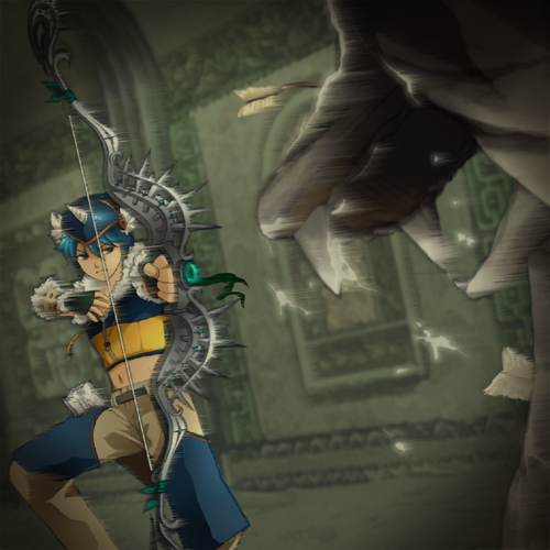 1boy arrow_(projectile) blue_gloves blue_hair blue_shirt blue_shorts bow_(weapon) brown_pants closed_mouth commentary_request crop_top feet_out_of_frame fingerless_gloves fur-trimmed_gloves fur-trimmed_shirt fur_trim gloves gobaku_no_hito holding holding_bow_(weapon) holding_weapon lowres male_focus midriff motion_lines navel pants quiver ragnarok_online shirt short_hair shorts sleeveless sleeveless_shirt sniper_(ragnarok_online) solo two-tone_gloves two-tone_shirt v-shaped_eyebrows weapon yellow_gloves yellow_shirt
