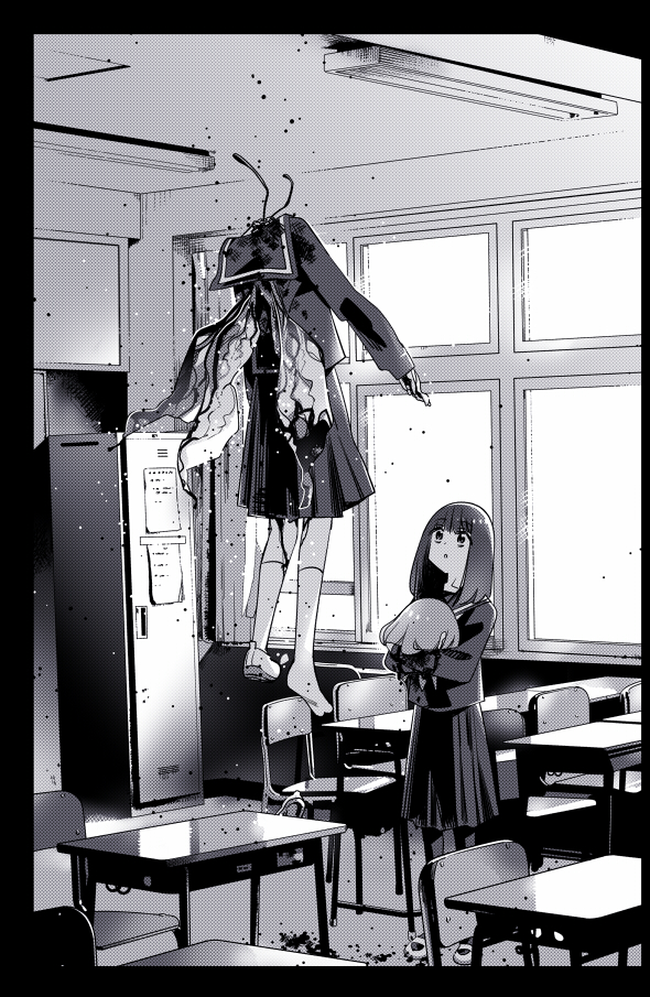 2girls blood blood_on_clothes blood_on_leg blood_splatter ceiling_light classroom commentary_request decapitation desk floating greyscale guro holding_another's_head holding_head horror_(theme) kneehighs locker long_sleeves looking_at_another looking_up medium_hair monochrome multiple_girls open_mouth original plant_wings pleated_skirt raised_eyebrows school_desk school_uniform serafuku shoes single_shoe skirt socks sunlight tokomichi uwabaki window wings