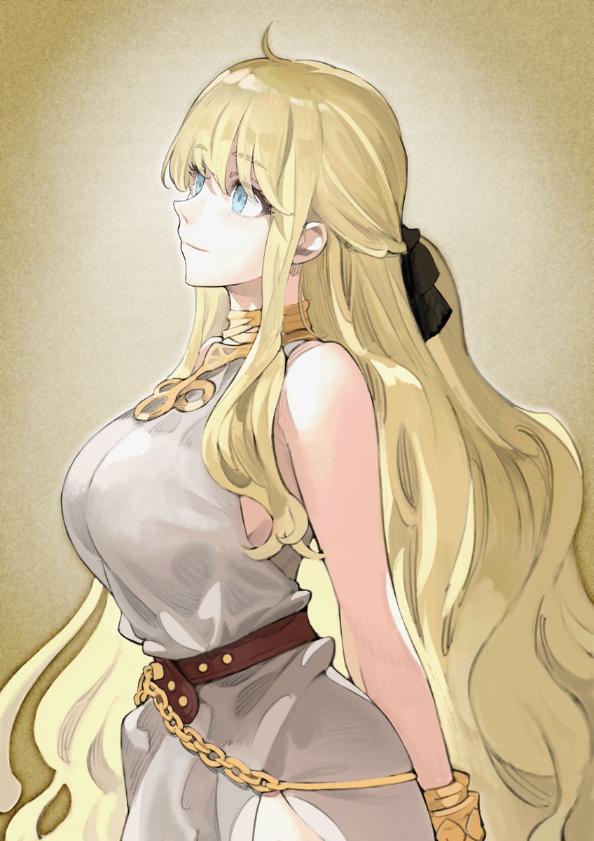 1girl belly_chain belt black_ribbon blonde_hair blue_eyes bracelet breasts brown_belt character_request commentary copyright_request cowboy_shot dress grey_dress hair_ribbon jewelry jun_(seojh1029) large_breasts long_hair neck_ring ribbon smile solo standing very_long_hair