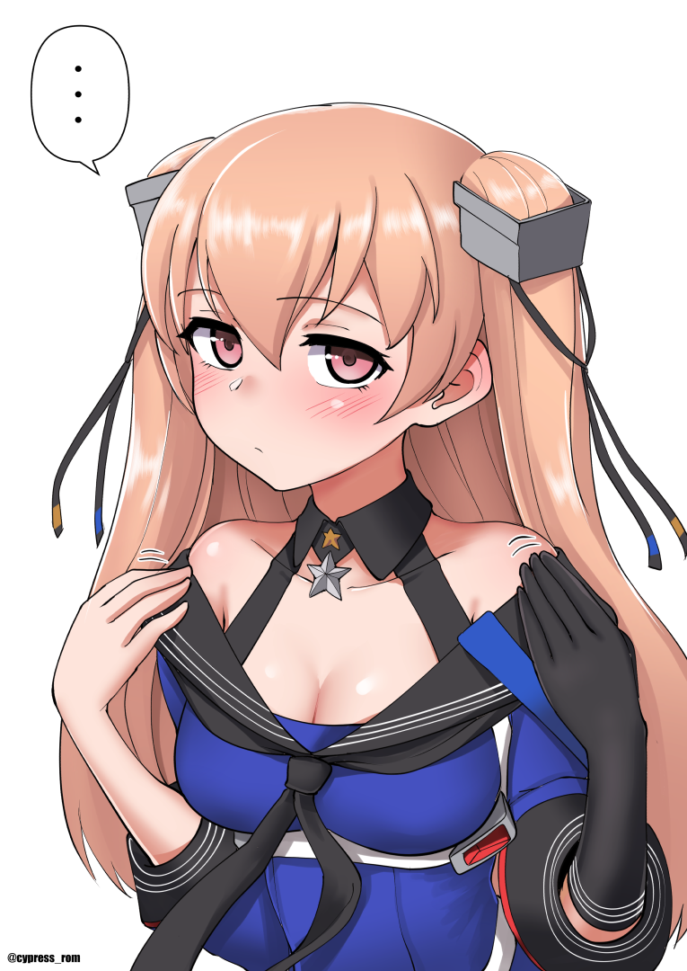 ... 1girl black_gloves black_neckerchief black_sailor_collar blue_shirt blush breasts brown_eyes cleavage closed_mouth collarbone cypress gloves johnston_(kancolle) kantai_collection light_brown_hair long_hair medium_breasts neckerchief off-shoulder_shirt off_shoulder sailor_collar sailor_shirt shirt simple_background single_glove solo spoken_ellipsis twitter_username two_side_up upper_body white_background
