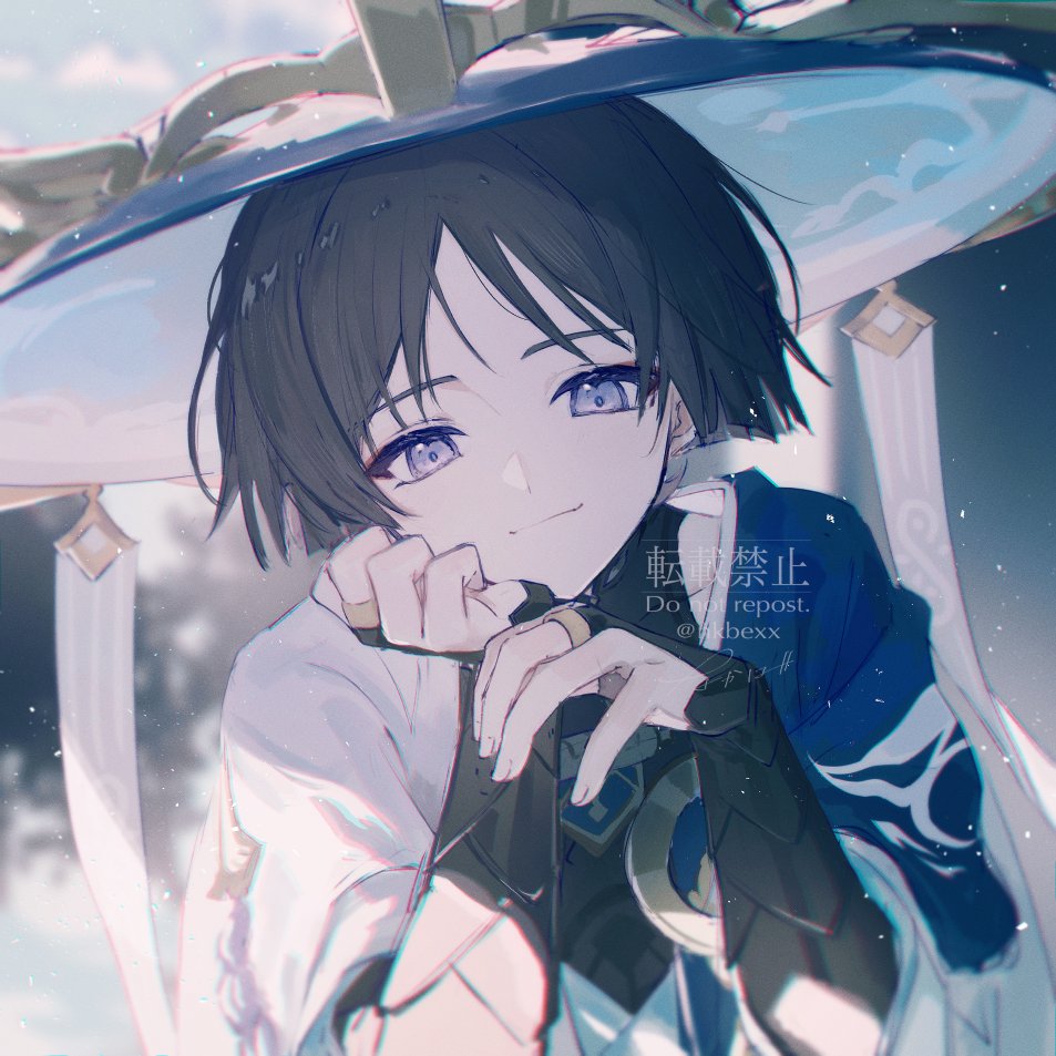 1boy black_gloves black_hair closed_mouth clothing_request fingerless_gloves fingernails genshin_impact gloves hat head_rest japanese_clothes jingasa looking_at_viewer male_focus nakaba_(mode) night night_sky purple_eyes scaramouche_(genshin_impact) short_hair sky smile solo wanderer_(genshin_impact)
