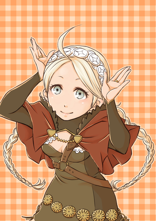 1girl ahoge arms_up belt blonde_hair blue_eyes braid breasts bridal_gauntlets capelet ebi_puri_(ebi-ebi) fire_emblem fire_emblem_fates hairband harness hood hood_down hooded_capelet leather looking_at_viewer low_twin_braids low_twintails medium_breasts nina_(fire_emblem) o-ring red_capelet smile twin_braids twintails