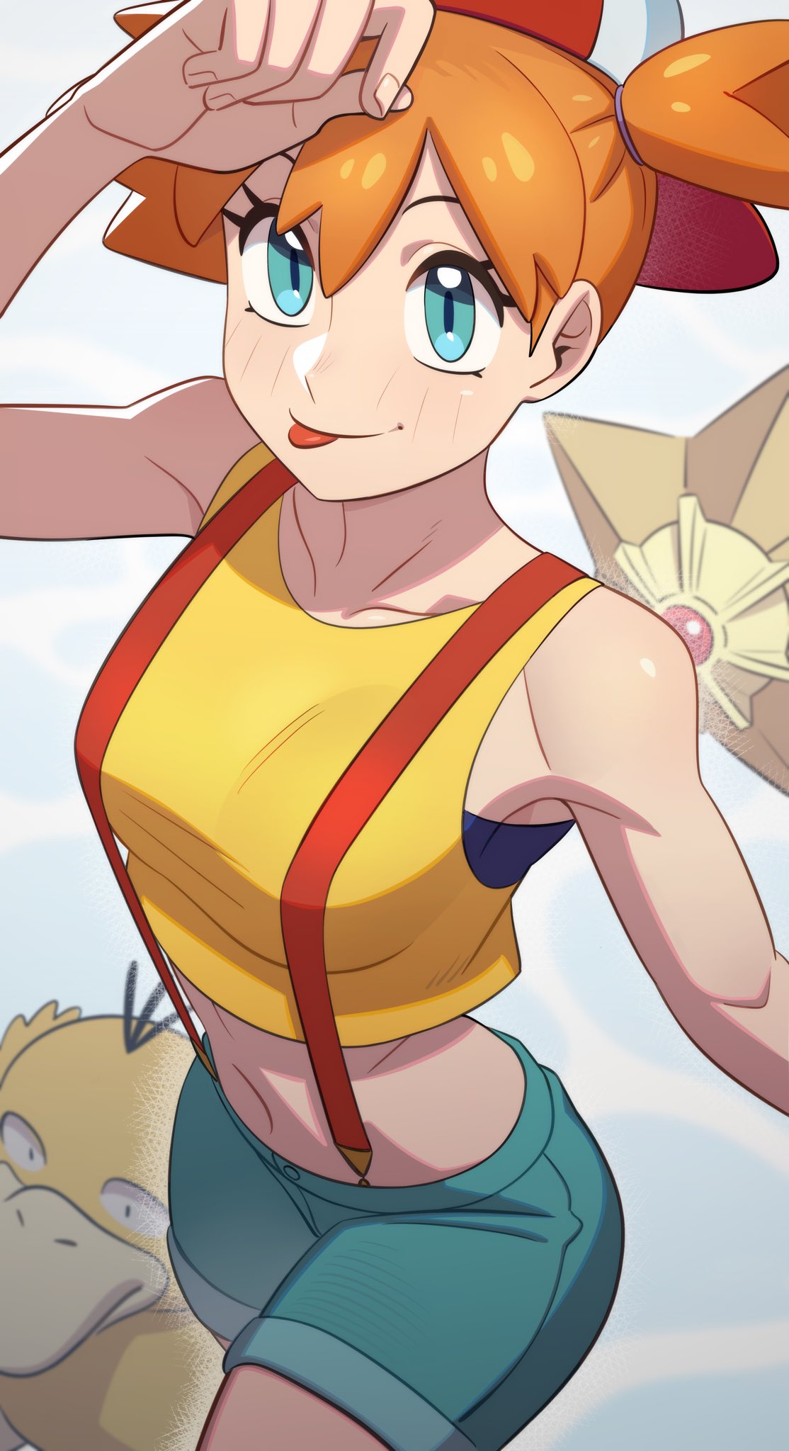 1girl awawawaart blue_eyes blush breasts denim denim_shorts english_commentary hair_between_eyes highres looking_at_viewer misty_(pokemon) navel orange_hair pokemon pokemon_(anime) pokemon_(classic_anime) pokemon_(creature) psyduck shirt short_hair shorts side_ponytail smile staryu suspender_shorts suspenders tank_top tongue tongue_out white_background yellow_shirt yellow_tank_top