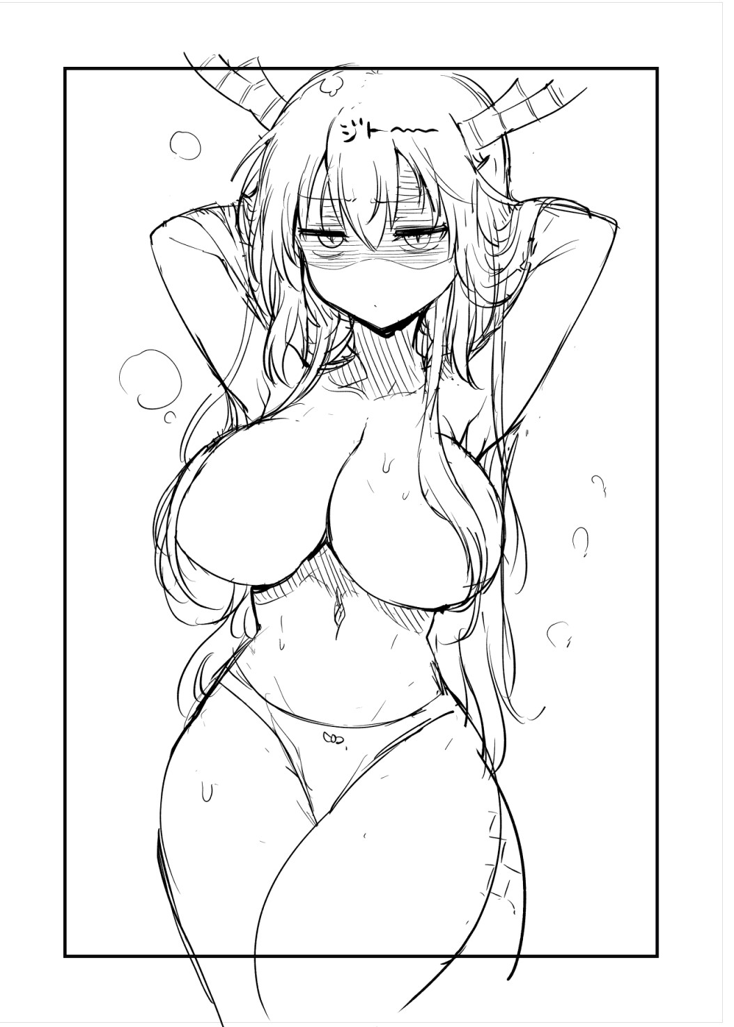 1girl armpits arms_up bow bow_panties breasts closed_mouth collarbone commentary_request convenient_censoring cool-kyou_shinja dot_mouth dragon_girl dragon_horns dragon_tail glaring greyscale hair_over_breasts highres horns kobayashi-san_chi_no_maidragon large_breasts long_hair monochrome navel no_bra official_art outside_border panties partially_shaded_face sound_effects sound_effects_only steam stomach sweat tail thick_thighs thighs tohru_(maidragon) topless unamused underwear very_long_hair wide_hips