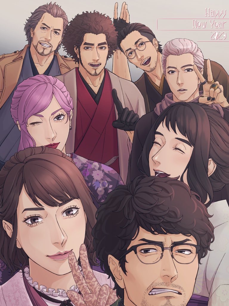 3girls 5boys adachi_kouichi brown_hair facial_hair friends glasses gloves han_joon-gi happy_new_year japanese_clothes kamataki_eri kasuga_ichiban lipstick makeup messy_hair mukoda_saeko multiple_boys multiple_girls nail_polish nanba_yuu purple_hair ryuu_ga_gotoku_(series) ryuu_ga_gotoku_7 seong-hui shibi_(shi0_no_e) stubble white_hair zhao_tianyou