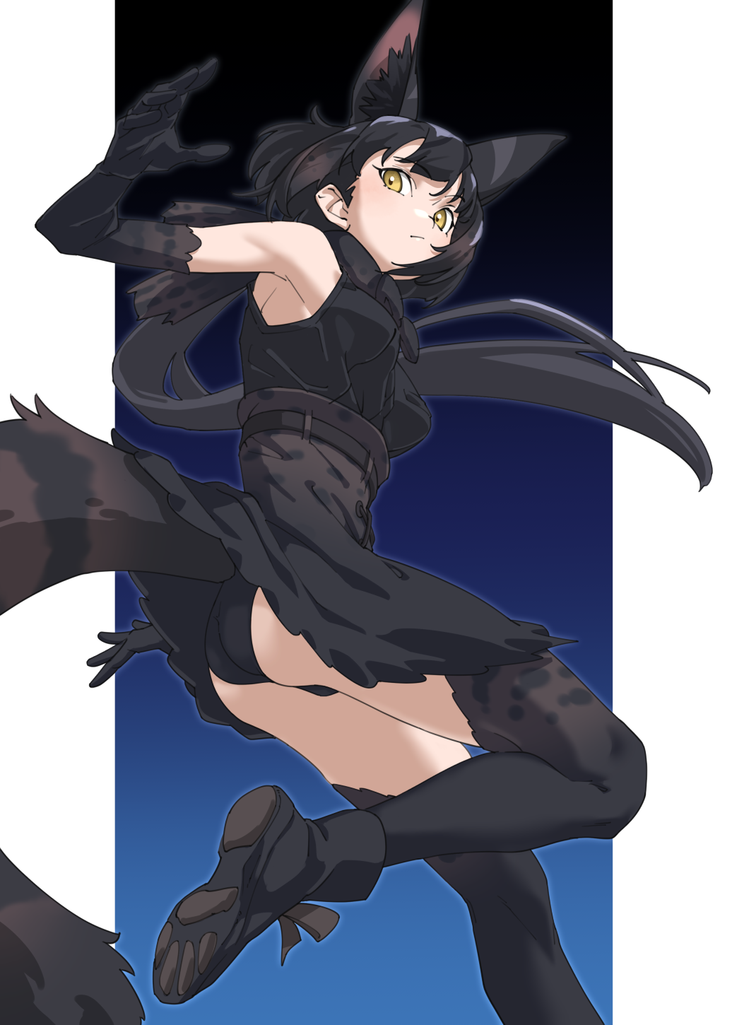 1girl animal_ear_fluff animal_ears ass bare_shoulders belt black_background black_bow black_bowtie black_footwear black_gloves black_hair black_panties black_serval_(kemono_friends) black_skirt black_thighhighs blue_background boots bow bowtie breasts cat_ears cat_girl cat_tail commentary elbow_gloves extra_ears foot_out_of_frame gloves gradient_background high-waist_skirt highres kemono_friends long_sleeves looking_at_viewer low_ponytail medium_breasts multicolored_background panties pantyshot paw_print_soles print_gloves print_skirt print_thighhighs serval_print shirt simple_background skirt sleeveless sleeveless_shirt solo tail tanabe_(fueisei) thighhighs underwear white_background yellow_eyes