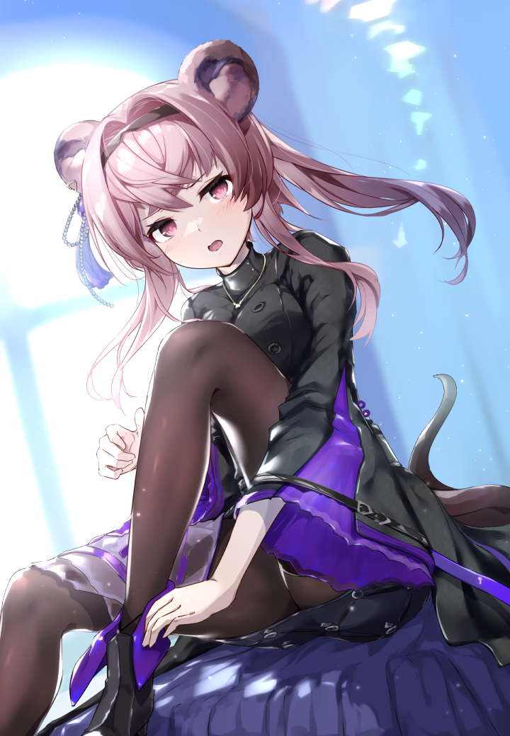 1girl animal_ear_fluff animal_ears arknights ass black_dress black_footwear black_hairband blurry blurry_background boots brown_hair brown_pantyhose commentary_request day depth_of_field dress feet_out_of_frame hairband hellnyaa indoors lin_(arknights) long_hair long_sleeves looking_at_viewer open_mouth pantyhose sidelocks solo sunlight tail twintails wide_sleeves window