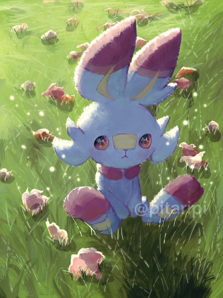 artist_name flower grass looking_at_viewer no_humans outdoors pitari pokemon pokemon_(creature) scorbunny solo water