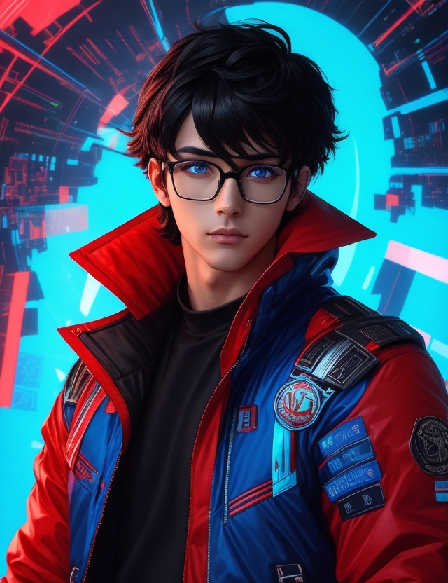 ai-generated black_hair blue_eyes glasses jacket non-web_source red_jacket science_fiction