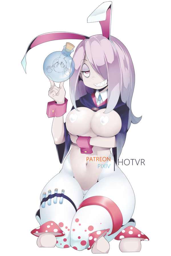 1girl alternate_breast_size animal_ears arm_support black_robe bottle breasts cleavage clothes_lift commentary covered_nipples curvy english_commentary english_text fake_animal_ears glass_bottle hair_over_one_eye half-closed_eyes heart_pasties holding holding_bottle hot_vr kneeling large_breasts little_witch_academia long_bangs mushroom one_eye_covered pasties pink_hair rabbit_ears red_eyes robe sharp_teeth simple_background skin_tight smile solo sucy_manbavaran suit teeth thick_thighs thigh_strap thighs vial white_background white_suit wide_hips wrist_cuffs