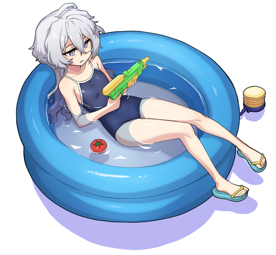 1girl bare_arms bare_legs bare_shoulders blue_one-piece_swimsuit commentary_request feet flip-flops grey_eyes grey_hair gundam gundam_suisei_no_majo hair_between_eyes heebee holding holding_water_gun long_hair messy_hair miorine_rembran one-piece_swimsuit parted_lips sandals school_swimsuit simple_background solo swimsuit teeth toes tomato wading_pool water water_gun white_background