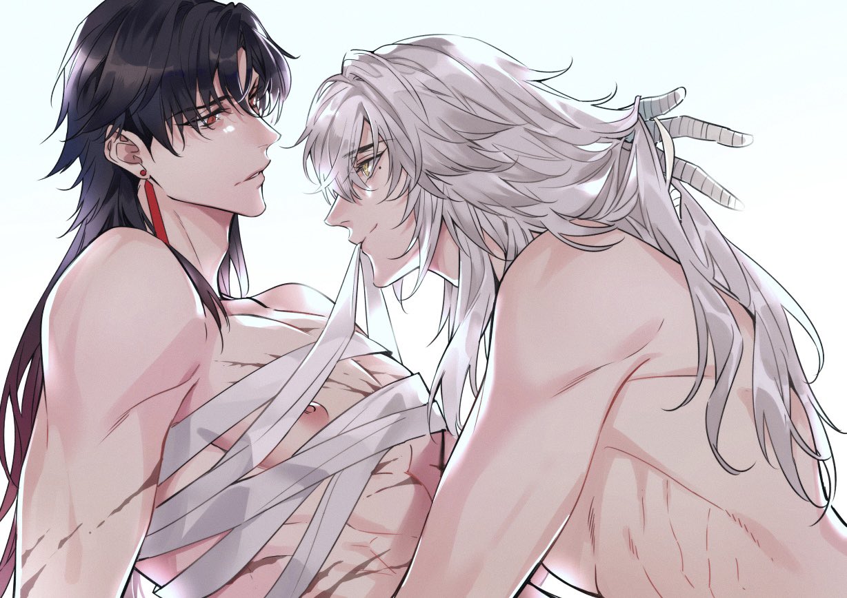 2boys arm_support bandaged_chest bandaged_hand bandages blade_(honkai:_star_rail) earrings hand_in_another's_hair honkai:_star_rail honkai_(series) jewelry jing_yuan long_hair looking_at_another male_focus mescaline mole mole_under_eye multiple_boys muscular muscular_male nipples red_eyes scar scar_on_arm simple_background sketch smile topless_male upper_body white_background white_hair yaoi