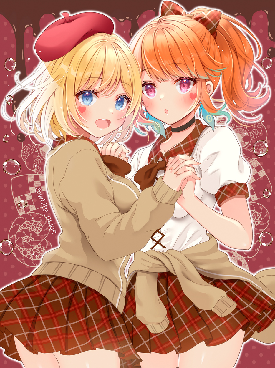 2girls :o beret black_choker blonde_hair blue_eyes bow breasts choker clothes_around_waist cowboy_shot hair_bow hat heart highres holding_hands hololive hololive_english jacket jacket_around_waist long_sleeves looking_at_viewer medium_breasts medium_hair microskirt multicolored_hair multiple_girls orange_hair plaid plaid_bow plaid_skirt pleated_skirt ponytail red_eyes serino_itsuki shirt short_sleeves skirt smile takanashi_kiara watson_amelia white_shirt