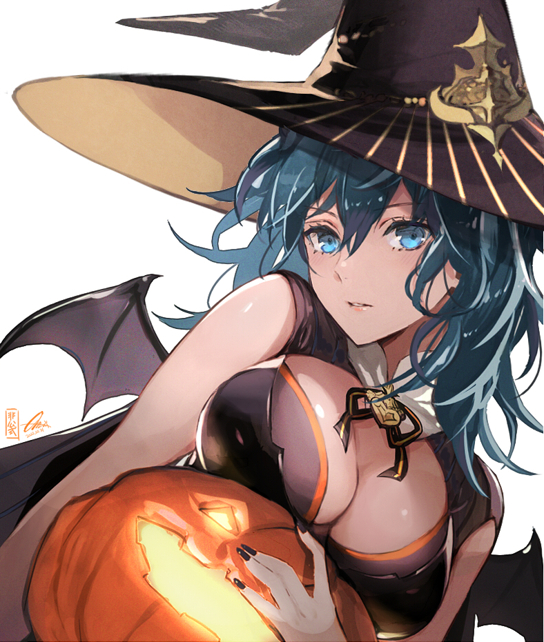 1girl alternate_costume bare_shoulders blue_eyes blue_hair breast_press breast_rest breasts byleth_(female)_(fire_emblem) byleth_(fire_emblem) cleavage fire_emblem fire_emblem:_three_houses halloween halloween_costume hat jack-o'-lantern large_breasts looking_at_viewer medium_hair nijihayashi open_mouth parted_lips pumpkin solo witch_hat