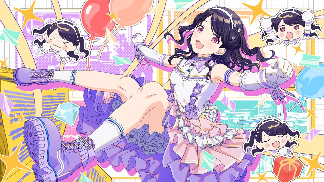 &gt;_&lt; 1girl ankle_boots balloon bare_shoulders black_hair blush boots box breasts chibi clenched_hands closed_eyes collared_dress diamond_(shape) dress elbow_gloves fangs frilled_dress frills fukumaru_koito gift gift_box gloves hair_ornament hairband hairclip idolmaster idolmaster_shiny_colors long_hair looking_at_viewer official_alternate_costume official_alternate_hairstyle official_art open_mouth outstretched_arms purple_eyes purple_footwear ribbon skin_fangs skirt sleeveless small_breasts smile socks solo sparkle swept_bangs too_many too_many_frills two_side_up u_u wavy_hair white_gloves white_hairband white_socks wrist_cuffs