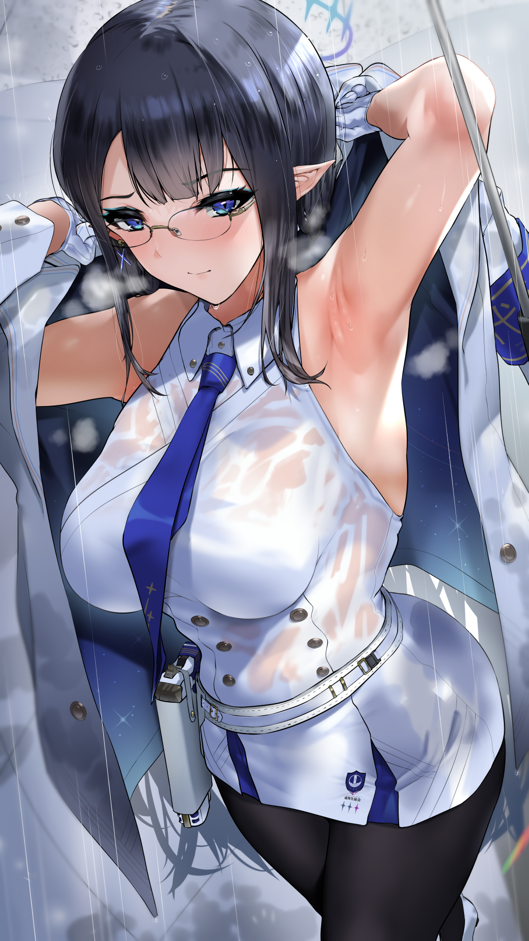 1girl 1other arm_up armband armpits black_hair black_pantyhose blue_archive blue_armband blue_eyes blue_eyeshadow blue_necktie blush breasts coat dress eyeshadow glasses halo highres holstered long_hair looking_at_viewer makeup medium_breasts necktie nonohachi pantyhose pointy_ears rain revision rimless_eyewear rin_(blue_archive) sidelocks sleeveless sleeveless_dress solo_focus steaming_body umbrella very_long_hair water_drop wet wet_clothes white_coat white_dress