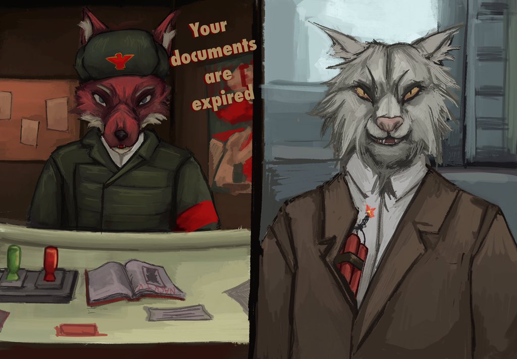 anon2000000 anthro canid canine clothed clothing comic digital_media_(artwork) digital_painting_(artwork) duo dynamite english_text explosives felid feline female fox fur humor lynx male mammal papers_please passport smile stamp text topwear