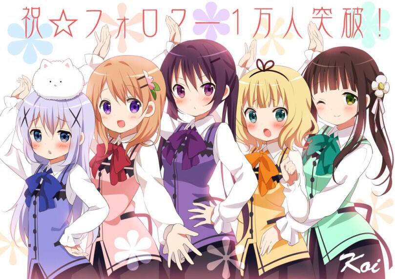 :d ;) angora_rabbit animal_on_head arm_up black_hairband black_skirt blonde_hair blue_bow blue_vest blush bow brown_hair chestnut_mouth closed_mouth collared_shirt commentary_request floral_background flower frilled_sleeves frills gochuumon_wa_usagi_desu_ka? green_bow green_eyes green_vest hair_between_eyes hair_flower hair_ornament hairband hairclip hoto_cocoa kafuu_chino kirima_syaro koi_(koisan) long_sleeves on_head one_eye_closed orange_bow parted_lips pink_vest puffy_long_sleeves puffy_sleeves purple_bow purple_eyes purple_hair purple_vest rabbit red_bow shirt signature simple_background skirt sleeves_past_wrists smile tedeza_rize third-party_source tippy_(gochiusa) translation_request twintails ujimatsu_chiya vest white_background white_flower white_shirt yellow_vest