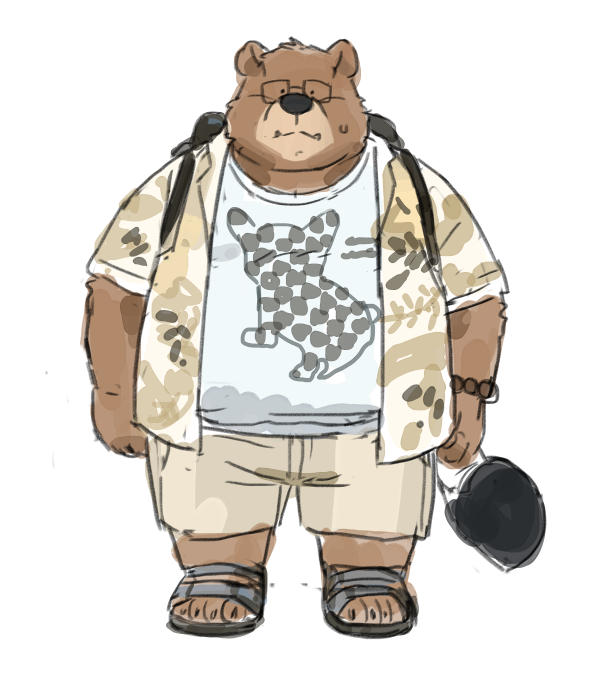 2023 anthro bear black_nose bottomwear brown_body clothing cute_fangs eyewear footwear glasses huynhduyad14 kemono male mammal overweight overweight_male sandals shirt shorts solo topwear