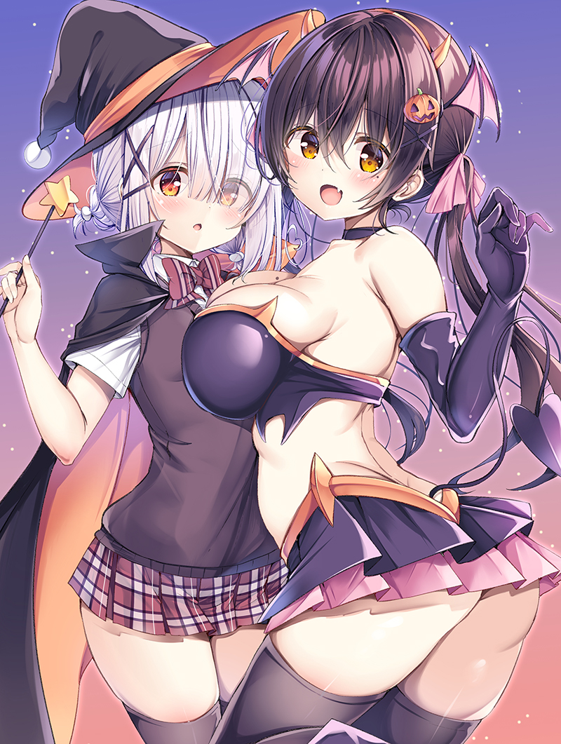2girls :o ass bat_hair_ornament black_cape black_choker black_skirt black_thighhighs black_tube_top breast_press breasts brown_eyes brown_hair cape choker collared_shirt comic_cune demon_tail elbow_gloves fang food-themed_hair_ornament gloves gradient_background grey_hair hair_ornament hair_over_one_eye halloween_costume hat holding holding_wand kurou_(quadruple_zero) large_breasts layered_skirt long_hair mole mole_on_breast multiple_girls ninose_shizuku open_mouth pink_skirt plaid plaid_skirt pleated_skirt pumpkin_hair_ornament red_skirt shirakawa_kokona shirt skirt smile standing star_wand strapless tail thighhighs tube_top twintails wand watashi_no_tame_ni_nuginasai! white_shirt witch_hat x_hair_ornament