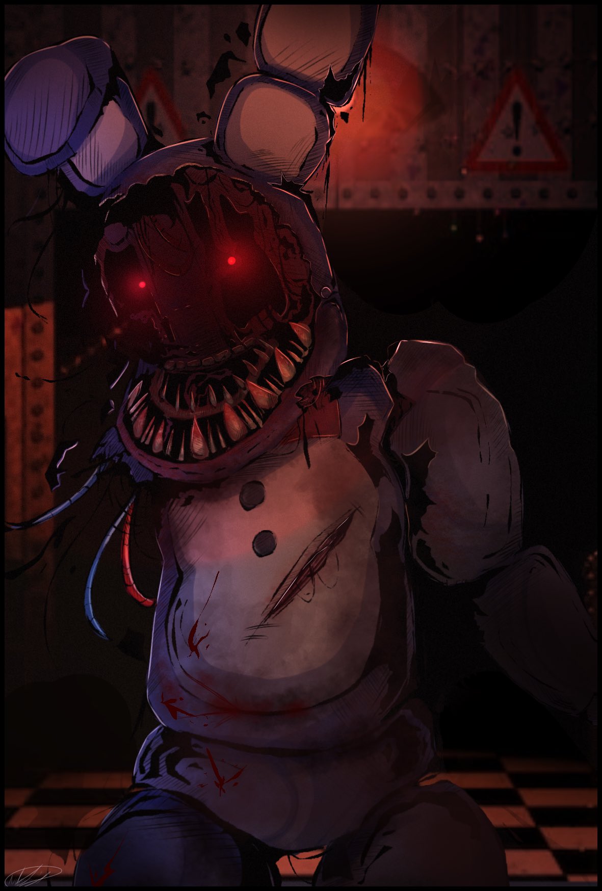 2023 ambiguous_gender animatronic anthro black_border blood blue_body blue_ears bodily_fluids border broken checkered_floor empty_eyes five_nights_at_freddy's five_nights_at_freddy's_2 floor floppy_ears fluffyfoxarts glowing glowing_eyes hi_res inside lagomorph leporid light lighting machine mammal missing_arm multicolored_body nightmare_fuel rabbit red_eyes robot scary scottgames sharp_teeth signature solo teeth tile tile_floor two_tone_body warning_sign white_body white_inner_ear wire withered_bonnie_(fnaf) wounded