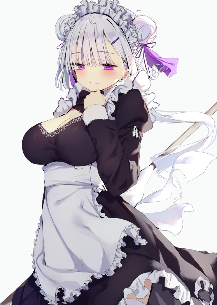 1girl apron blush breasts broom cleavage closed_mouth commentary cowboy_shot double_bun frills hair_bun hair_ornament hairclip holding holding_broom juliet_sleeves kamizaki_hibana large_breasts long_sleeves maid maid_apron maid_headdress original puffy_sleeves purple_eyes short_hair simple_background solo thighhighs white_background white_hair white_thighhighs