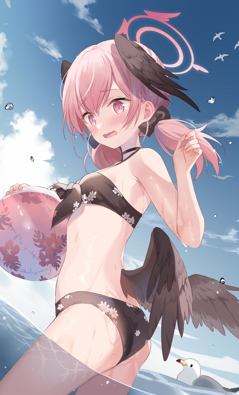 1girl ass ball beachball bikini bird black_bikini black_bow black_wings blue_archive blush bow breasts commentary feathered_wings floral_print front-tie_bikini_top front-tie_top hair_between_eyes hair_bow halo hand_up head_wings highres holding koharu_(blue_archive) koharu_(swimsuit)_(blue_archive) kurasawa_moko long_hair looking_at_viewer low_twintails low_wings ocean official_alternate_costume outdoors parted_lips pink_eyes pink_hair pink_halo print_bikini small_breasts solo spaghetti_strap swimsuit twintails wading water_drop wavy_mouth wings