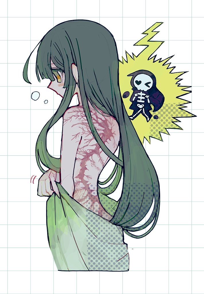 &gt;_o 1girl 50zushi bare_back blush_stickers bubble chibi chibi_inset commentary_request cropped_legs electrocution from_behind green_hair green_robe grid_background hair_over_shoulder halftone heart heart-shaped_eyes lichtenberg_figure lightning lightning_scar long_hair looking_ahead multiple_views one_eye_closed profile robe scar scar_on_back skeleton topless touhoku_zunko undressing voiceroid white_background x-ray yellow_eyes