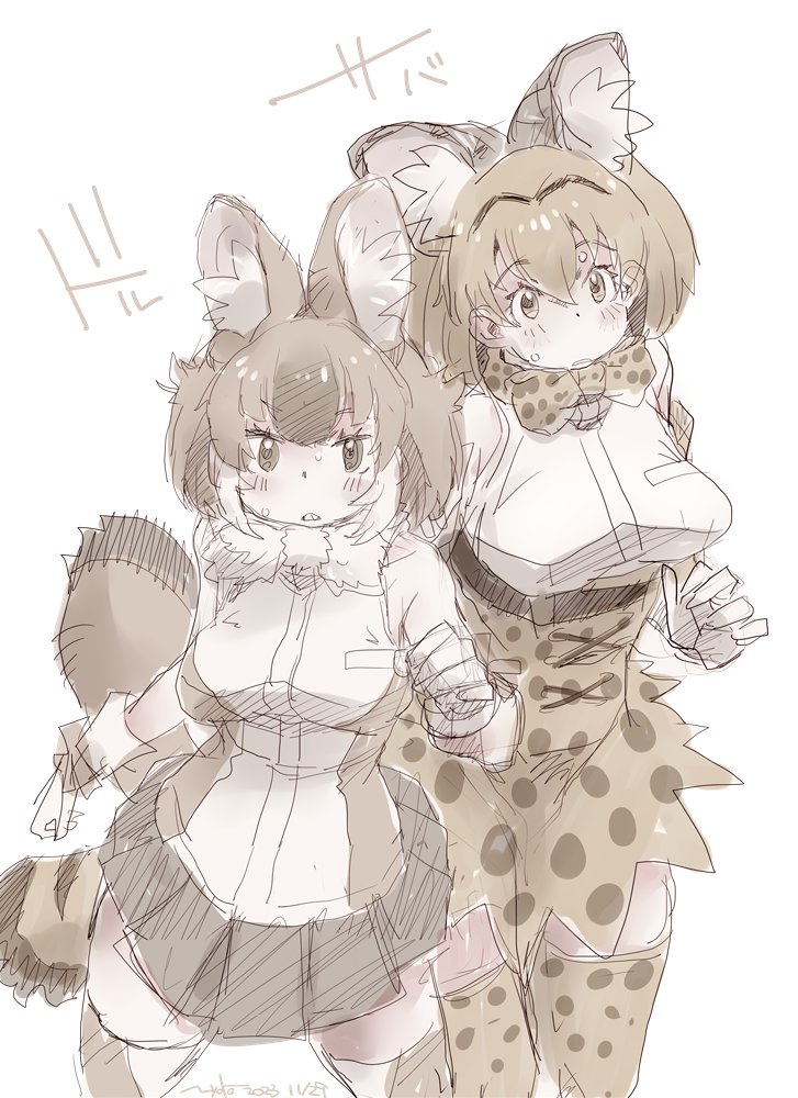 2girls animal_ears bare_shoulders black_hair blonde_hair blush bow bowtie brown_hair dhole_(kemono_friends) dog_ears dog_girl dog_tail elbow_gloves extra_ears gloves kemono_friends kemono_friends_3 looking_at_viewer multicolored_hair multiple_girls nyororiso_(muyaa) open_mouth print_bow print_bowtie serval_(kemono_friends) serval_print shirt short_hair skirt sleeveless sleeveless_shirt tail thighhighs two-tone_hair white_hair