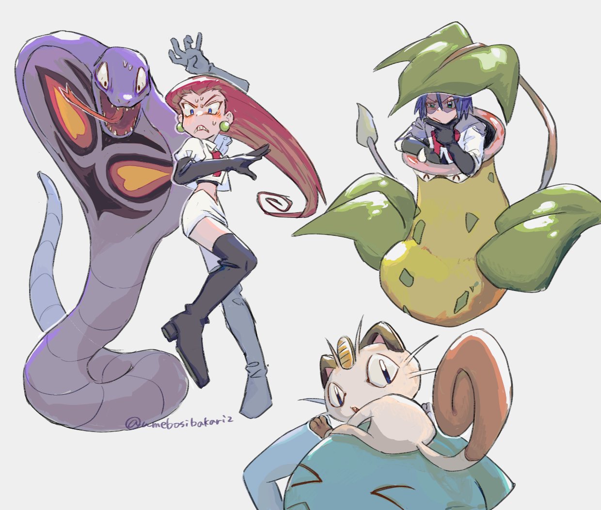 &gt;_&lt; 1boy 1girl ^_^ arbok blue_eyes blue_hair boots cat closed_eyes crop_top earrings green_eyes high_heel_boots high_heels james_(pokemon) jessie_(pokemon) jewelry long_hair meowth midriff pants pearl_earrings pink_hair pokemon pokemon_(anime) shirt simple_background skirt snake surprised team_rocket team_rocket_uniform thigh_boots thinking twitter_username umebosibakari2 victreebel white_background white_pants white_shirt white_skirt wobbuffet