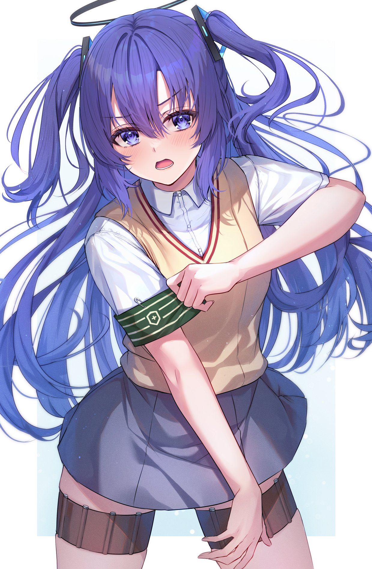 1girl armband blue_archive brown_sweater_vest collared_shirt commentary_request cosplay green_armband grey_skirt halo highres holster long_hair needle pleated_skirt pose_imitation primamiya purple_eyes purple_hair safety_pin school_uniform shirai_kuroko shirai_kuroko_(cosplay) shirt short_sleeves simple_background skirt solo summer_uniform sweater_vest thigh_holster throwing_needles tokiwadai_school_uniform two_side_up white_shirt yuuka_(blue_archive)