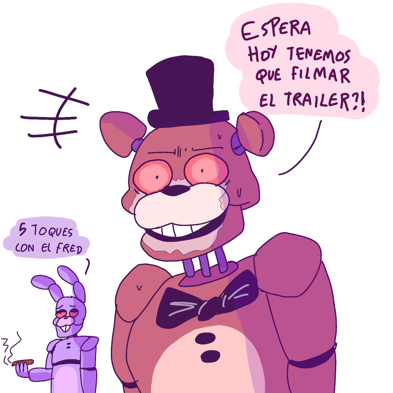 animatronic anthro bear bonnie_(fnaf) bow_(feature) brown_body buckteeth cigarette clothing cocaine drugs duo five_nights_at_freddy's freddy_(fnaf) hat headgear headwear hi_res lagomorph leporid machine male mammal purple_body rabbit red_eyes renita_reed robot scottgames simple_background spanish_text teeth text white_background