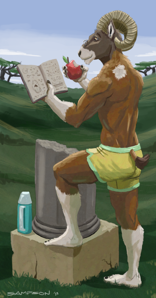 2023 5_fingers 5_toes anthro apple athletic athletic_anthro athletic_male back_muscles barefoot bottomwear bovid bovid_horn brown_body brown_fur butt caprine caprine_horn clothed clothing eyewear feet fingers food fruit fur glasses horn humanoid_feet humanoid_hands journal male mammal mouflon multicolored_body multicolored_fur outside plant plantigrade reading sampsonwoof sheep shorts smile solo standing story story_in_description teo_(sampsonwoof) toes topless topless_anthro topless_male two_tone_body two_tone_fur white_body white_fur wild_sheep