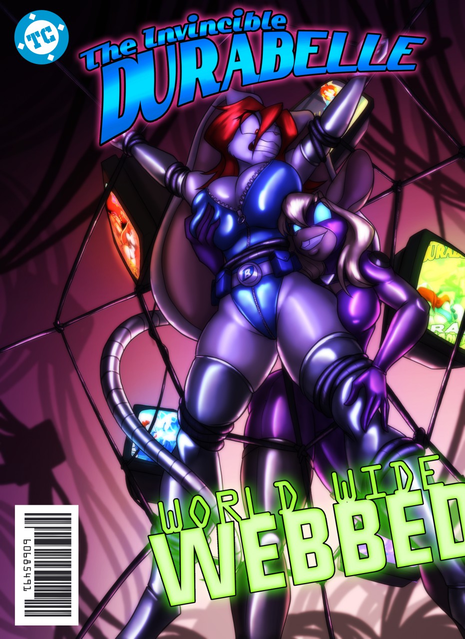 anthro barcode bdsm big_breasts bound breasts cleavage clothed clothing cover cover_art cover_page duo durabelle female grope hair hi_res lagomorph latex legwear leporid mammal mouse murid murine rabbit red_hair rodent superhero supervillain technology text tight_clothing toughset