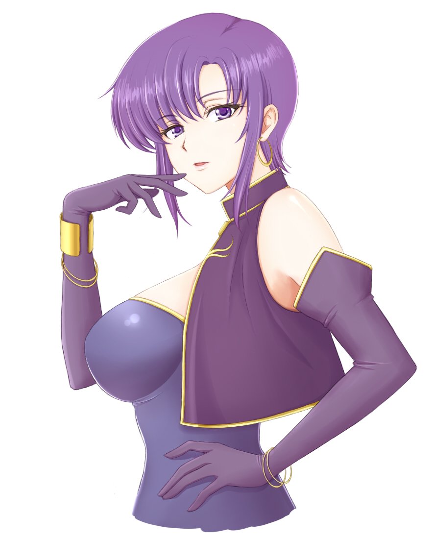 1girl bare_shoulders breasts dress earrings elbow_gloves fire_emblem fire_emblem:_the_blazing_blade from_side gloves hand_on_own_face hand_on_own_hip hoop_earrings jewelry kanro_fe looking_at_viewer mature_female medium_breasts open_mouth parted_lips purple_eyes purple_hair short_hair sideboob sleeveless sleeveless_dress smile solo upper_body ursula_(fire_emblem) white_background wristband