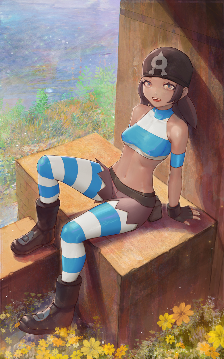 1girl :d arm_support armband bandana blue_pantyhose boots breasts brown_eyes brown_hair covered_nipples crop_top day fingerless_gloves flower full_body gloves highres looking_at_viewer medium_breasts midriff open_mouth outdoors pantyhose pokemon pokemon_(game) pokemon_oras shorts sitting smile solo striped striped_pantyhose team_aqua team_aqua_grunt torn_clothes torn_shorts yellow_flower yugen99