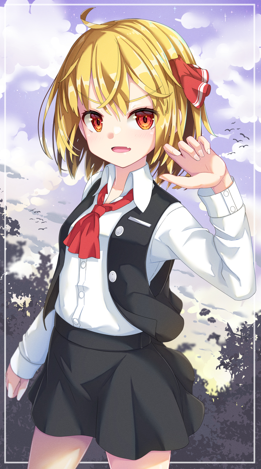 1girl ahoge ascot black_skirt black_vest blonde_hair breasts buttons cloud cloudy_sky collared_shirt commentary_request cowboy_shot day dress_shirt fang hair_between_eyes hair_ribbon hand_up highres long_sleeves looking_at_viewer open_clothes open_mouth open_vest outdoors purple_sky red_ascot red_eyes red_ribbon ribbon rumia shirt short_hair skin_fang skirt sky small_breasts solo touhou uumaru v-shaped_eyebrows vest white_shirt