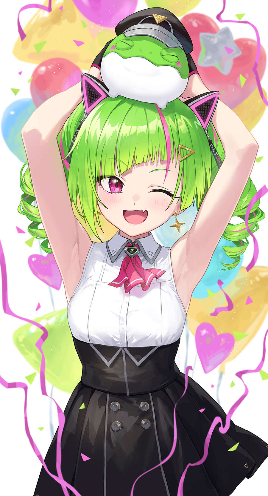 1girl armpits arms_up ascot black_skirt delutaya diagonal_bangs drill_hair green_hair guchico happy_birthday high-waist_skirt highres indie_virtual_youtuber looking_at_viewer multicolored_hair one_eye_closed open_mouth pink_ascot pink_hair red_eyes skirt smile solo streaked_hair triangle_hair_ornament twin_drills twintails two-tone_hair virtual_youtuber