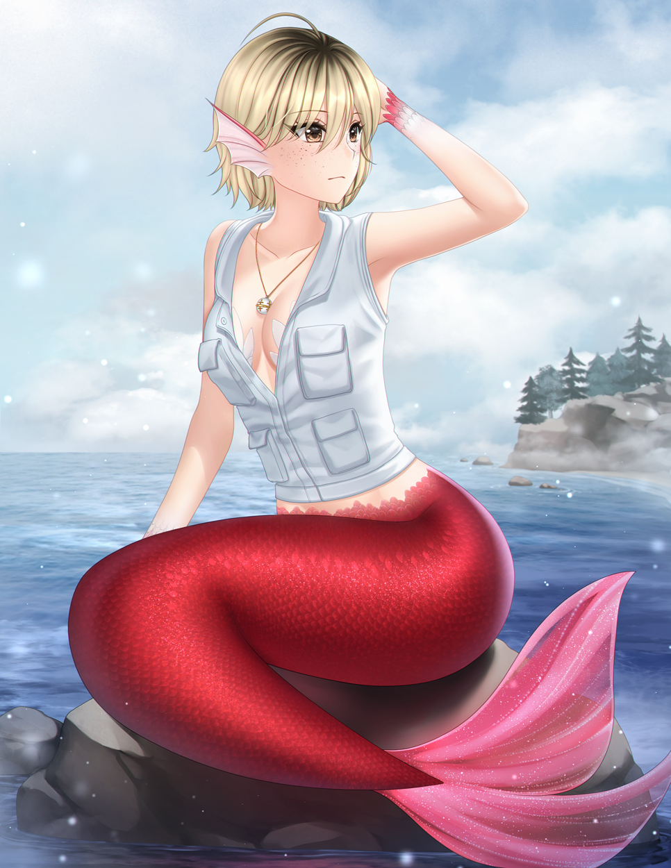 1girl armpit_peek artist_name bangs blonde_hair breast_pocket breasts brown_eyes cleavage closed_mouth cloud collarbone freckles full_body gigamessy hand_up head_fins heather_mason highres jewelry medium_breasts mermaid monster_girl monsterification ocean outdoors pendant pocket rock scales short_hair silent_hill_(series) silent_hill_3 sitting snowing solo vest water watermark white_vest
