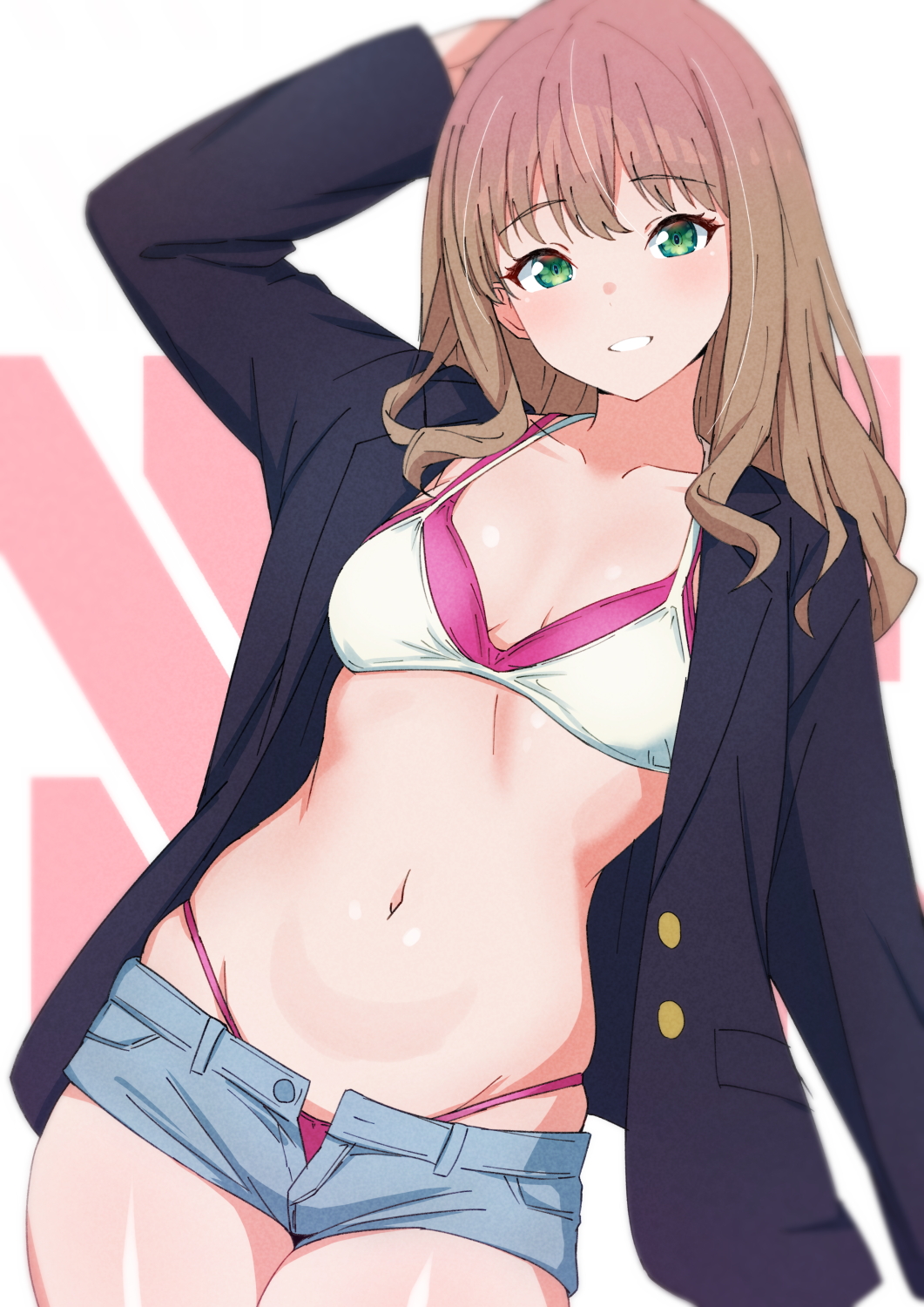 1girl arm_behind_head arm_up bikini bikini_under_clothes black_jacket blazer blue_shorts breasts brown_hair commentary_request denim denim_shorts green_eyes gridman_universe grin highleg highleg_bikini highres jacket kamidan layered_bikini leaning_to_the_side light_blush long_hair long_sleeves looking_at_viewer medium_breasts micro_shorts minami_yume navel open_fly pink_bikini shorts smile solo ssss.dynazenon stomach swimsuit white_bikini